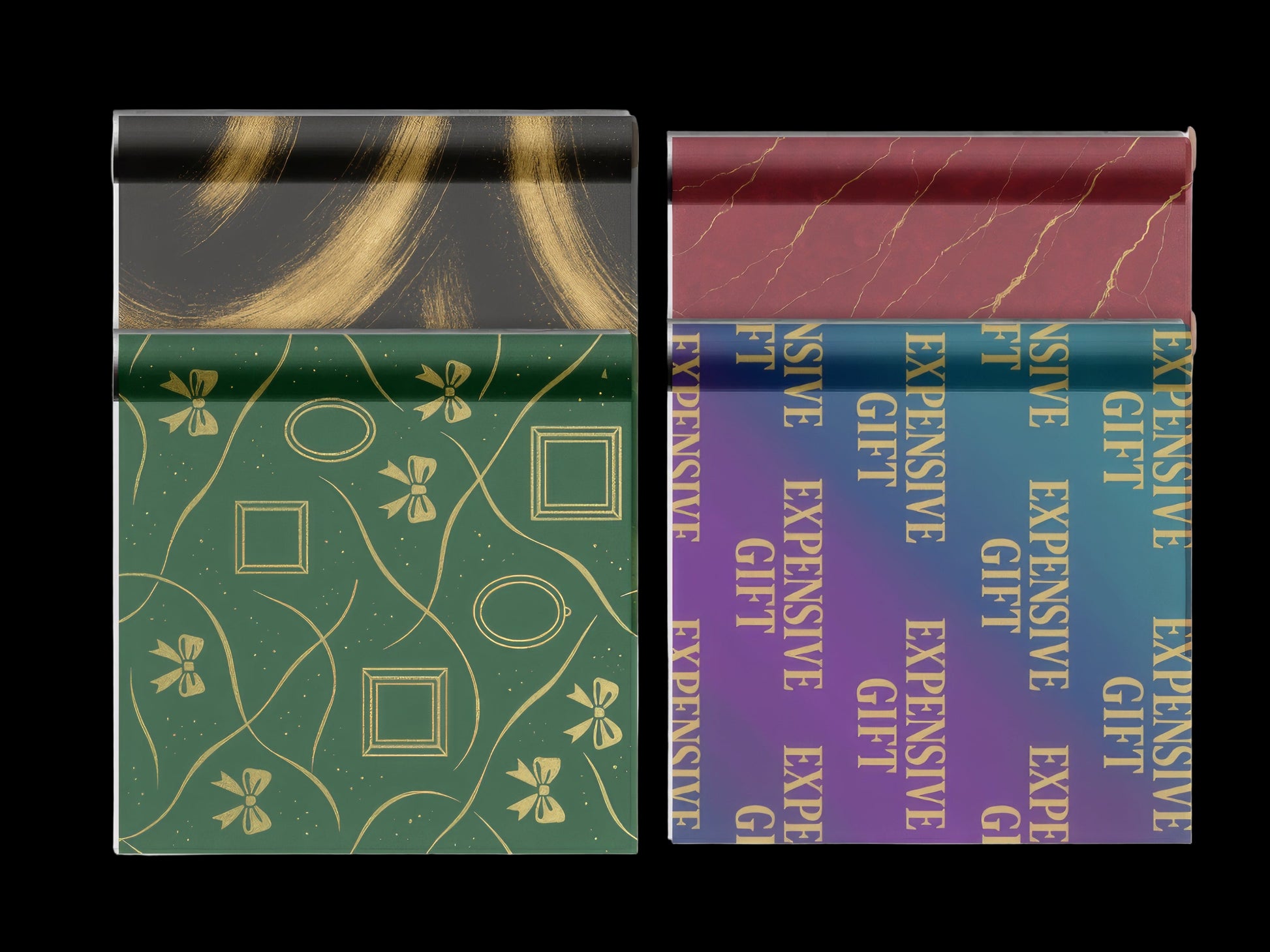 Four rolls of decorative paper with different patterns and text on a white background