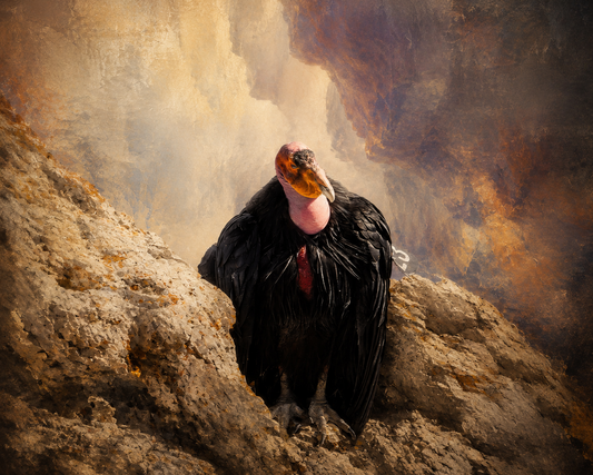Condor perched on a rocky cliff with a dramatic sky.