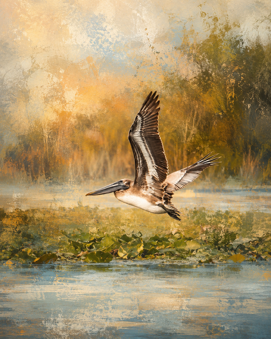 Pelican flying over a body of water with a scenic background
