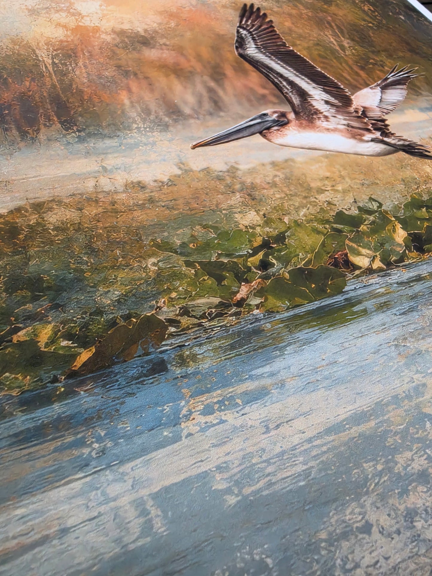 Pelican flying over a coastal landscape with water and sand.