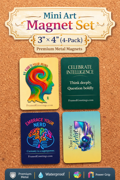 Set of four colorful metal magnets on a cork board background with text and branding.