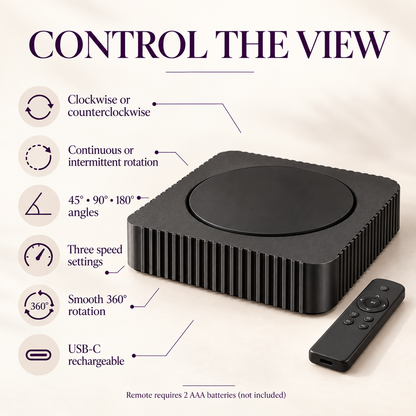 A black square electronic control device with a circular top surface and ribbed sides, shown alongside a matching remote on a light beige background. The image includes large text reading 'CONTROL THE VIEW' and callout lines describing rotation, speed settings, USB-C charging, and battery requirements.