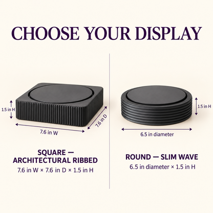 A product display choice graphic showing two black square display stands with dimensions. The left option is labeled 'SQUARE — ARCHITECTURAL RIBBED' and the right option 'ROUND — SLIM WAVE'.
