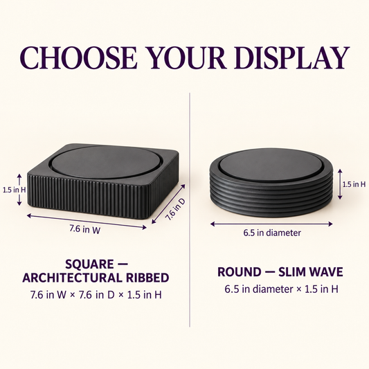 A product display choice graphic showing two black square display stands with dimensions. The left option is labeled 'SQUARE — ARCHITECTURAL RIBBED' and the right option 'ROUND — SLIM WAVE'.