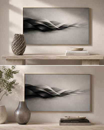 Two identical framed abstract artworks on a wall with a shelf below.