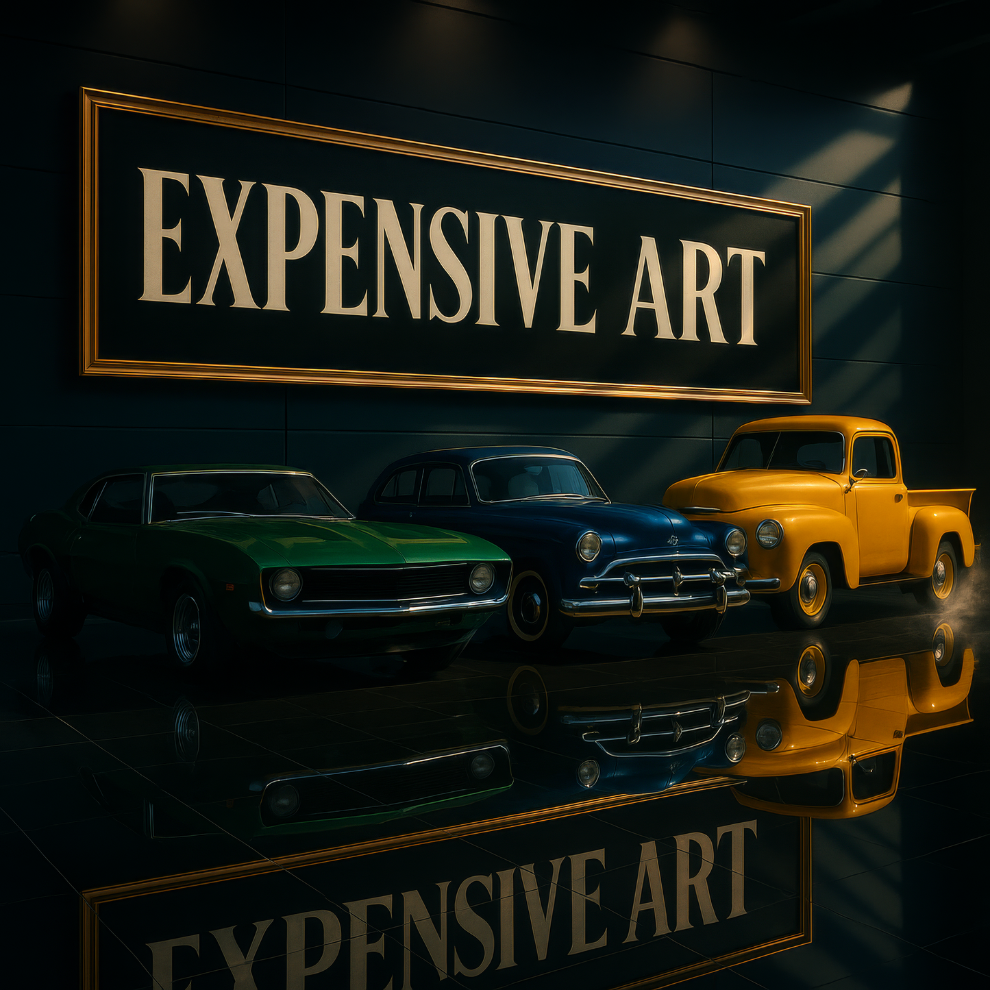 Classic car lineup under a gold “Expensive Art” marquee with glossy floor reflections.