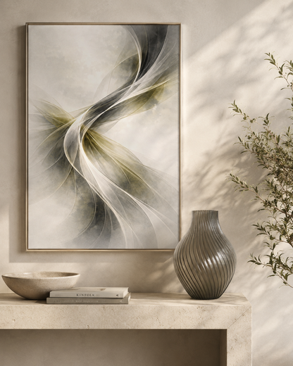 Abstract painting on a wall with a vase and decorative items below.