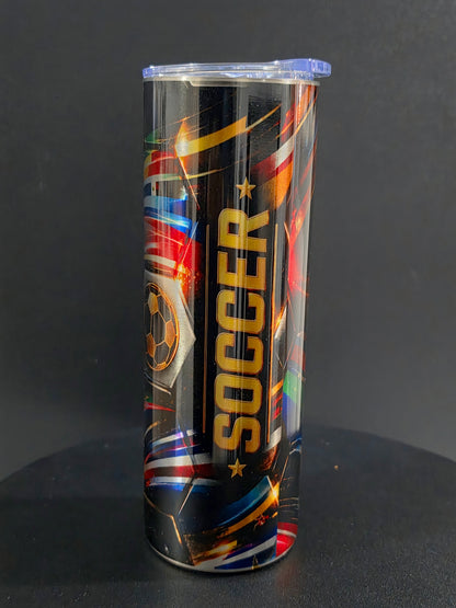 Colorful cylindrical object with 'SOCCER' text on a black background