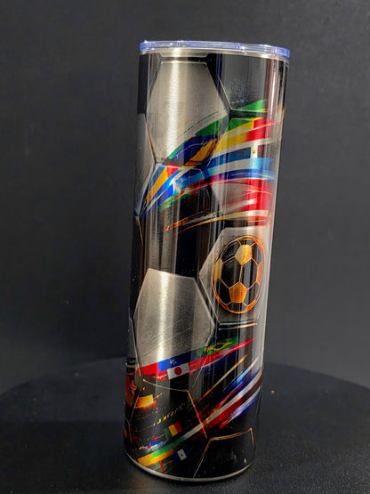 Soccer-themed tumbler with colorful design on a black background