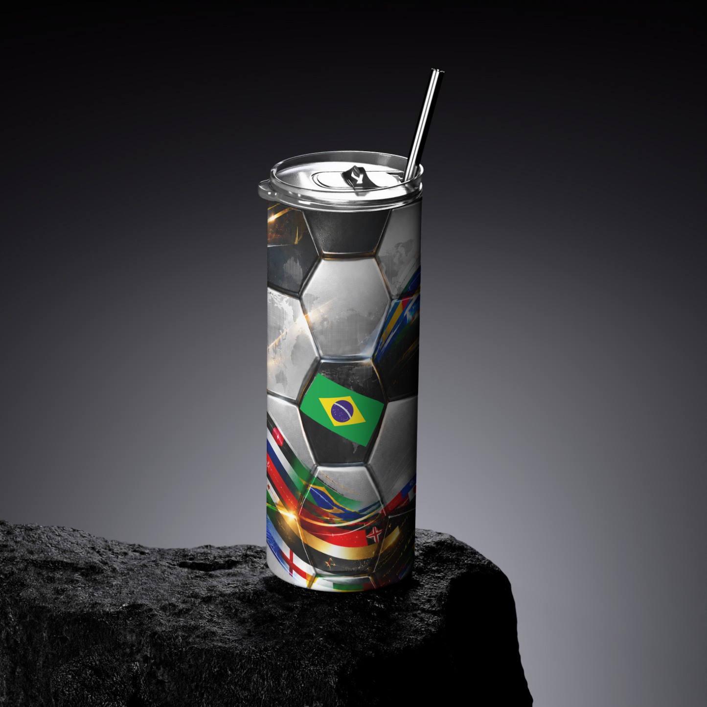 Tumbler with soccer ball design and Brazilian flag on a dark background