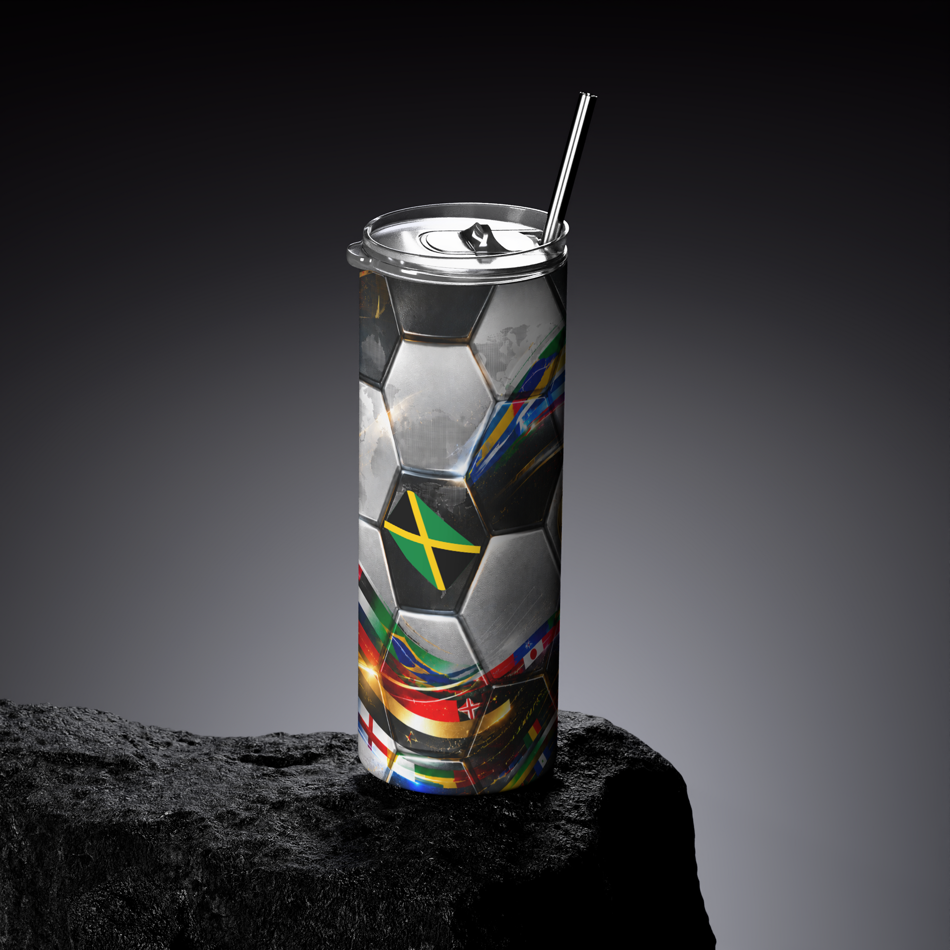 Tumbler with a soccer ball design featuring multiple flags on a dark background