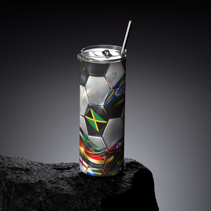 Tumbler with a soccer ball design featuring multiple flags on a dark background
