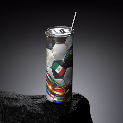 Tumbler with soccer ball design and Mexican flag on a dark background