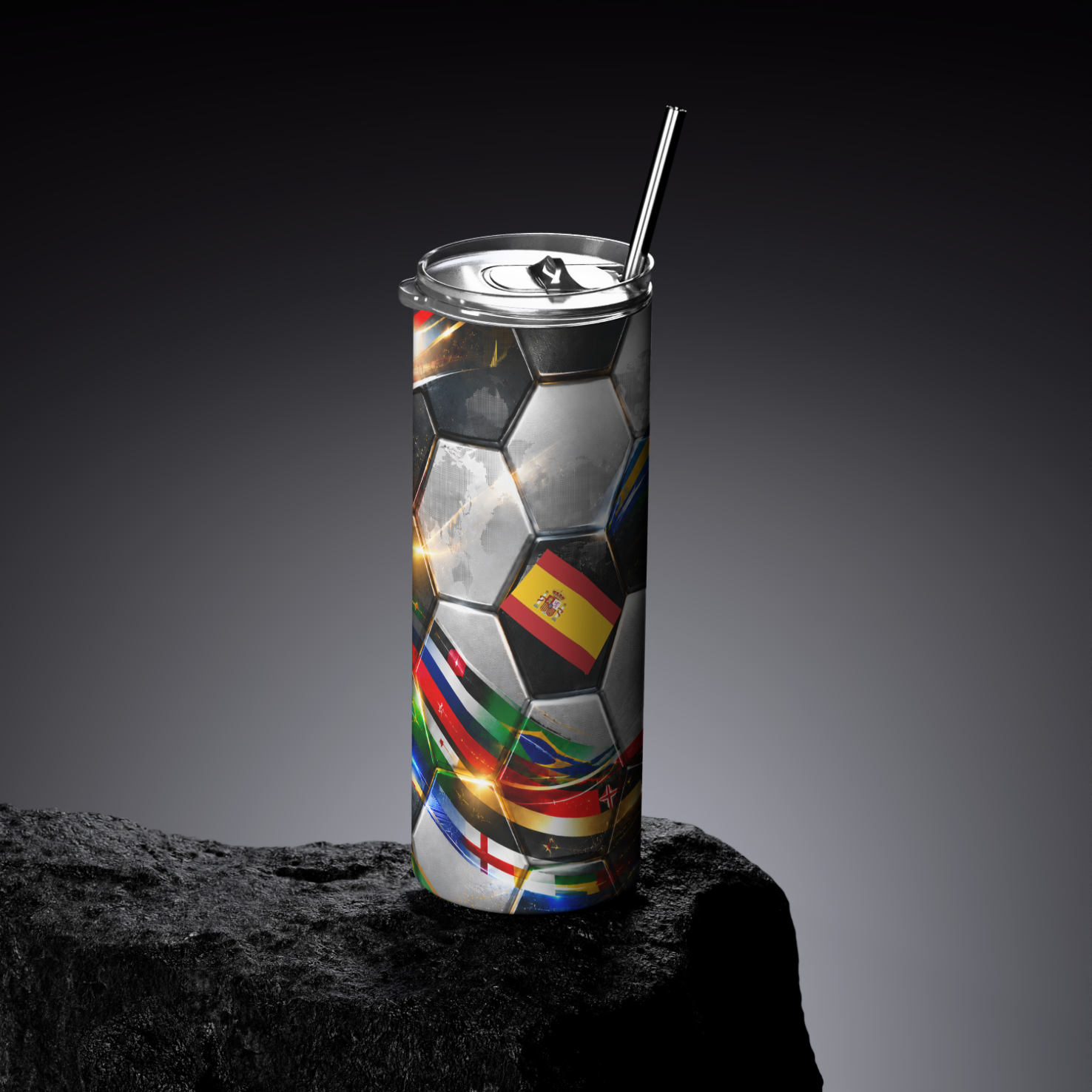 Tumbler with soccer ball design and各国旗帜 on a dark background