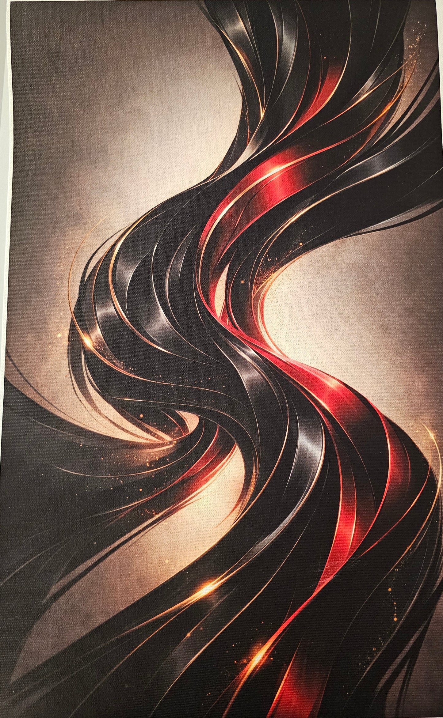 Abstract art with wavy lines in red, black, and gold on a dark background