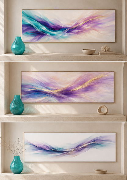 Three abstract paintings on a wall with decorative vases and bowls.