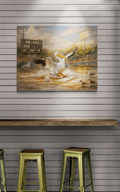 Painting of a pelican on a dock with a sports scoreboard in the background, displayed on a wall above bar stools.