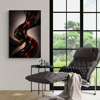 Modern interior with a black chair, small table, and abstract wall art.