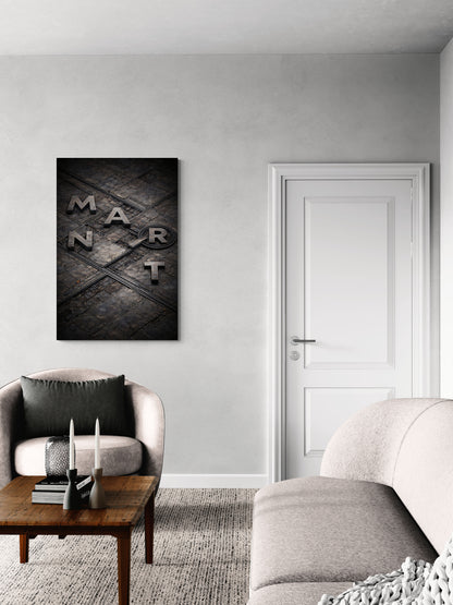 Modern living room with a 'MART' wall art piece on a gray wall.