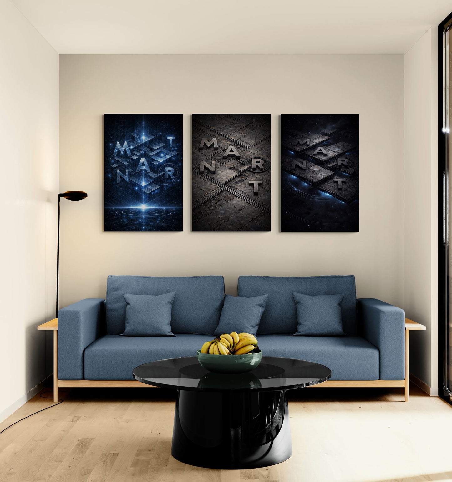 Modern living room with a blue sofa, black coffee table, and three framed artworks on the wall.