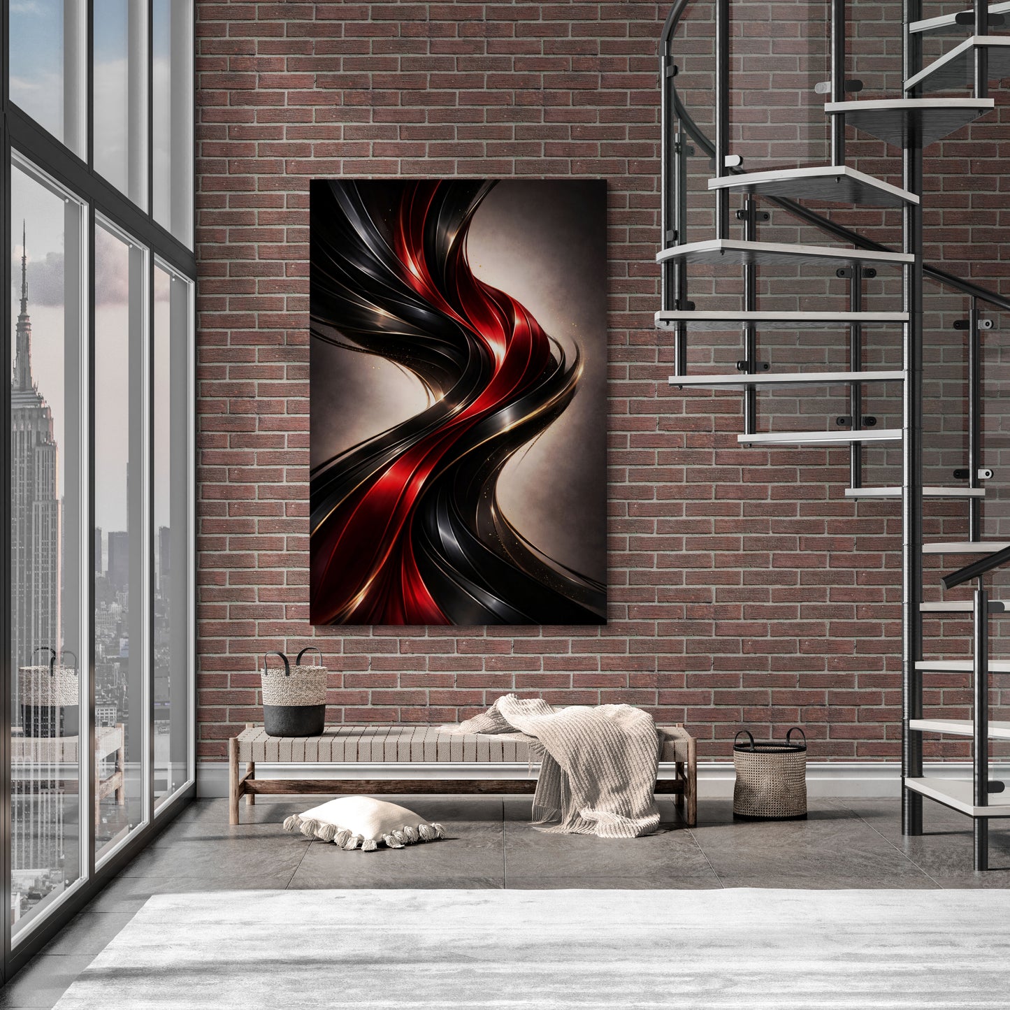 Modern interior with a large abstract painting on a brick wall, a bench, and a staircase.