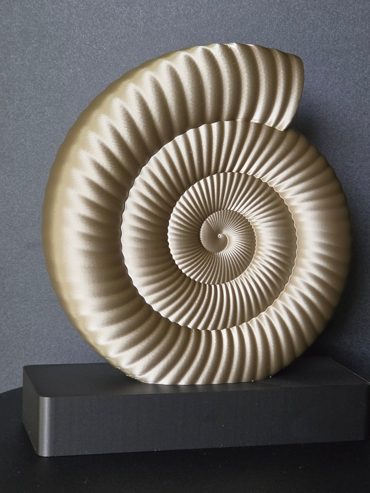 A decorative spiral ammonite shell sculpture in a warm beige tone, displayed on a dark rectangular pedestal against a dark gray background.