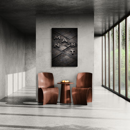 Modern interior with wooden chairs and a table, featuring a 'MART' artwork on the wall.