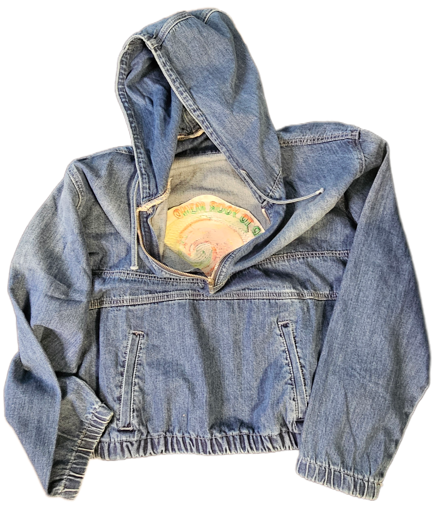 Be Kind to Your Mind – Dark Blue Embroidered Denim Half-Zip Hoodie