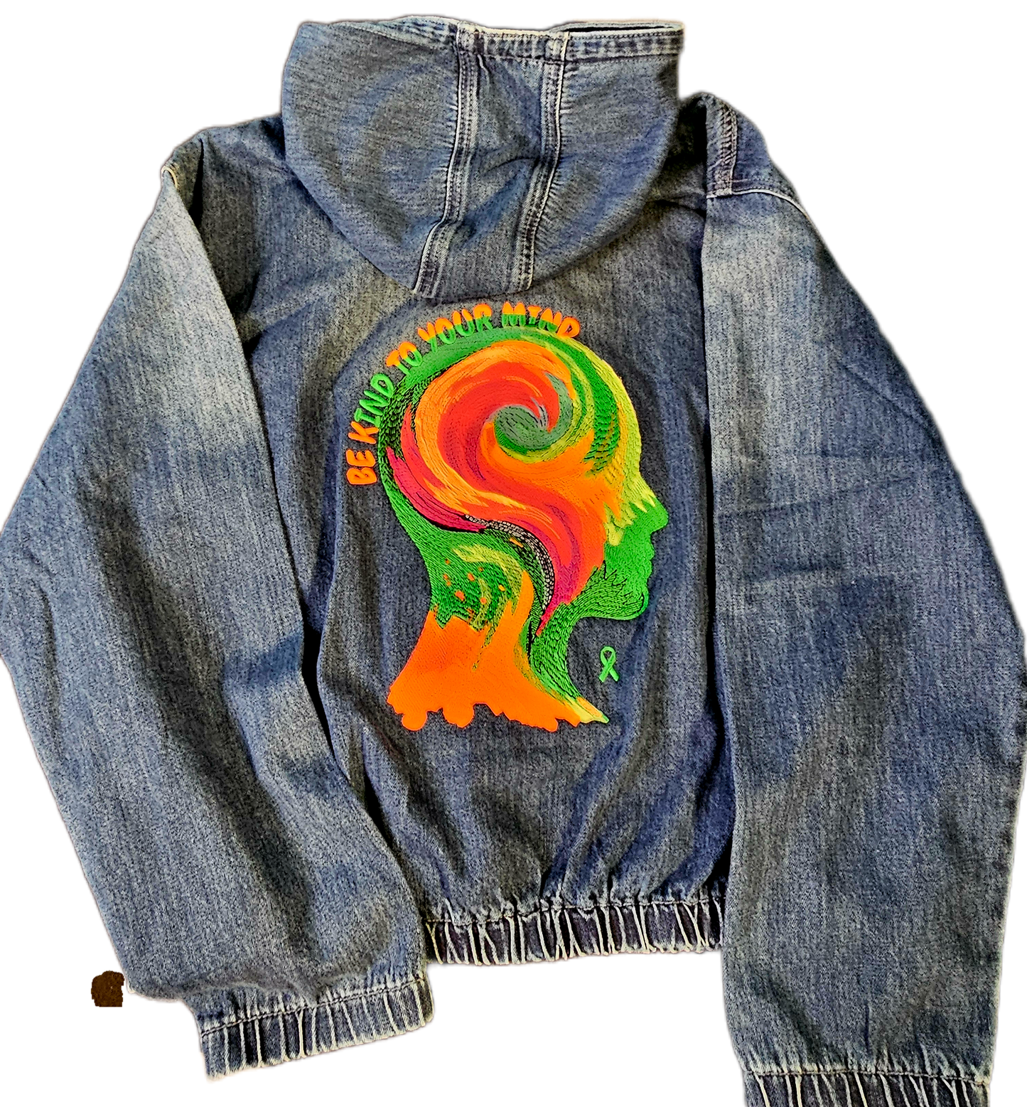 Be Kind to Your Mind – Dark Blue Embroidered Denim Half-Zip Hoodie