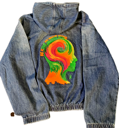 Be Kind to Your Mind – Dark Blue Embroidered Denim Half-Zip Hoodie