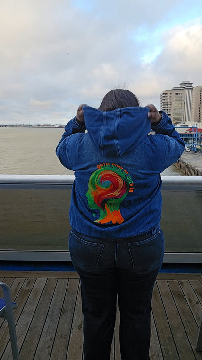 Be Kind to Your Mind – Dark Blue Embroidered Denim Half-Zip Hoodie