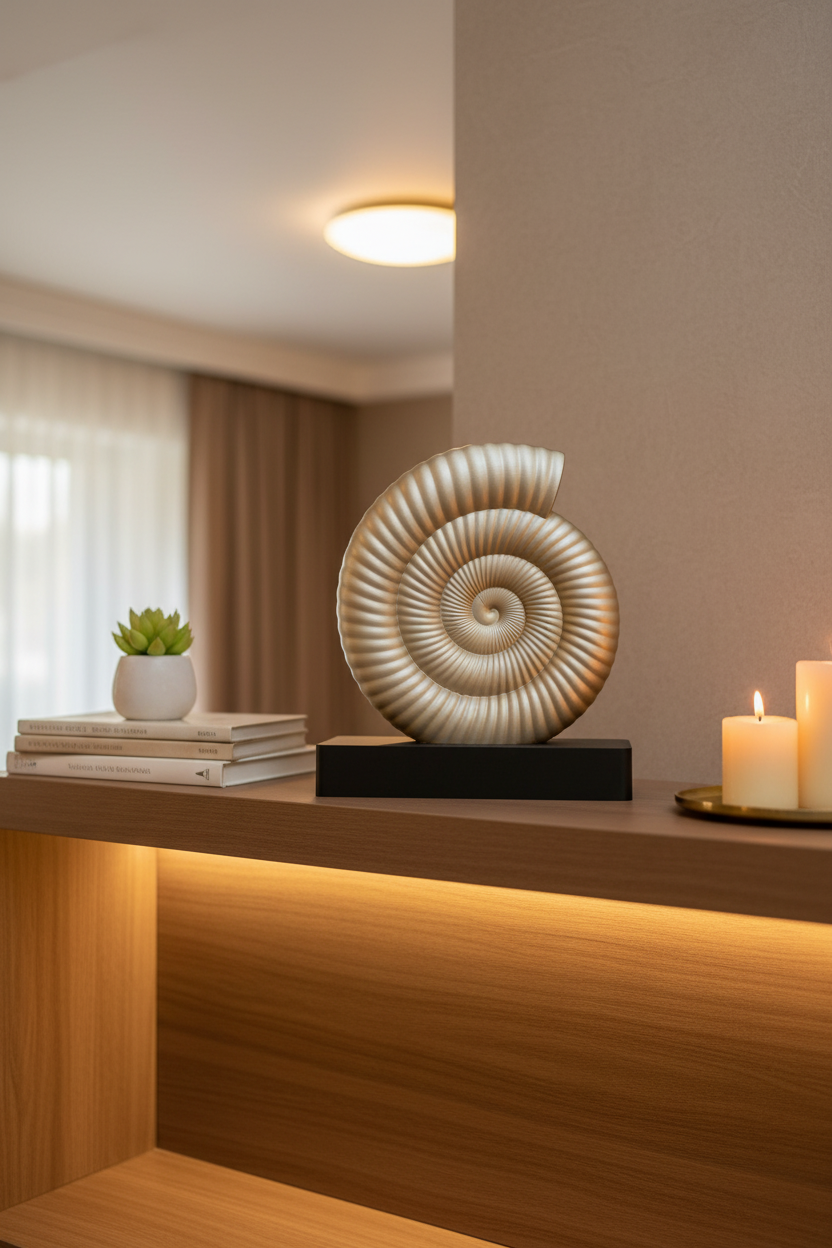 A decorative spiral ammonite shell sculpture in a warm beige tone, displayed on a dark rectangular pedestal against a dark gray background.
