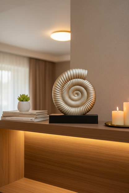 A decorative spiral ammonite shell sculpture in a warm beige tone, displayed on a dark rectangular pedestal against a dark gray background.