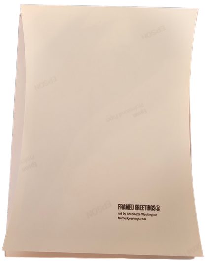 Beige greeting card with 'Framed Greetings' logo on a white background