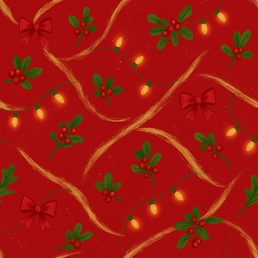 Christmas-themed pattern with lights, bows, and holly on a red background