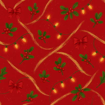 Christmas-themed pattern with lights, bows, and holly on a red background