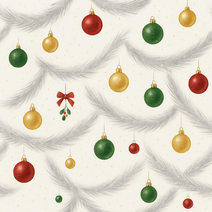 Pattern of Christmas ornaments and mistletoe on a white background
