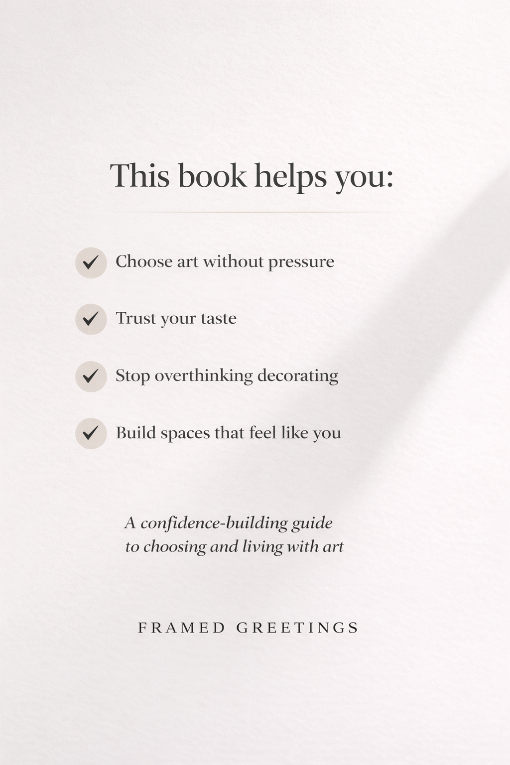 Text on a white background about the benefits of a book on art and decorating.