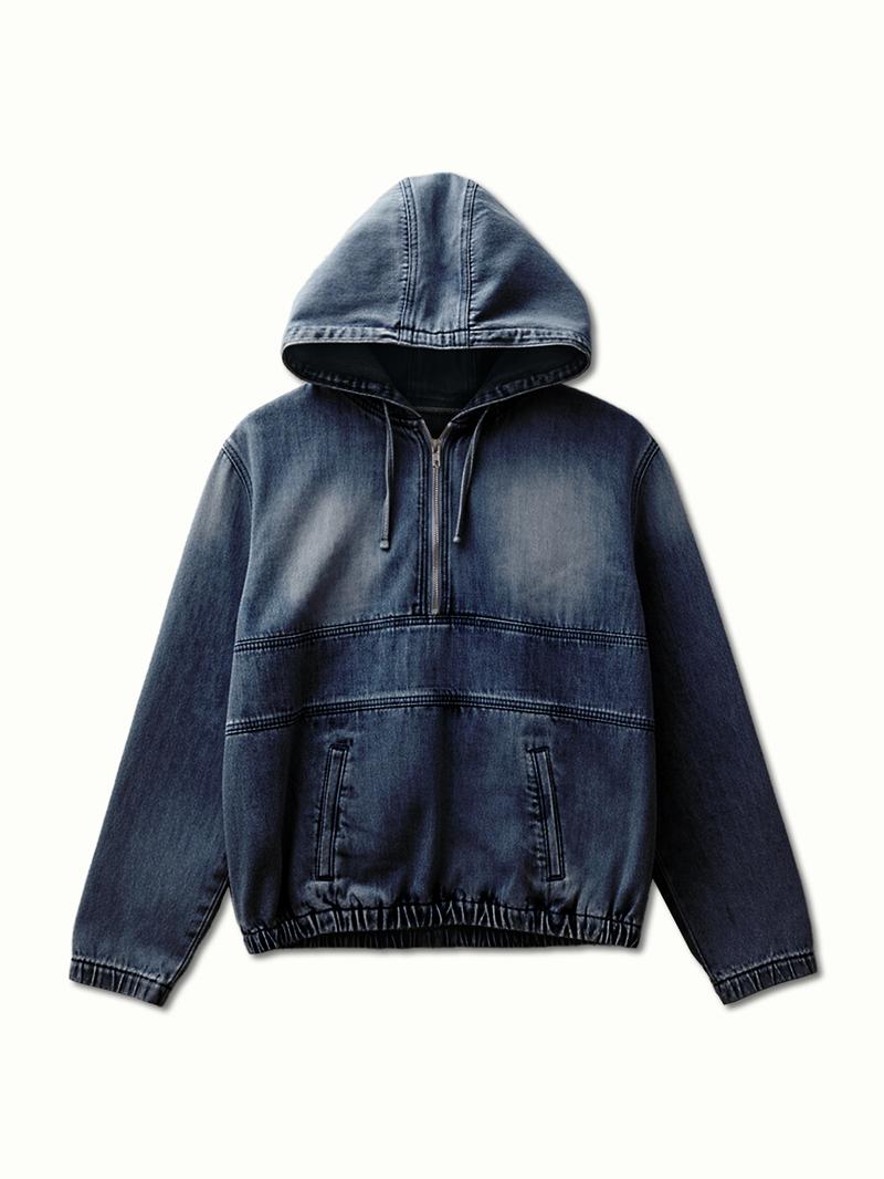 Be Kind to Your Mind – Dark Blue Embroidered Denim Half-Zip Hoodie