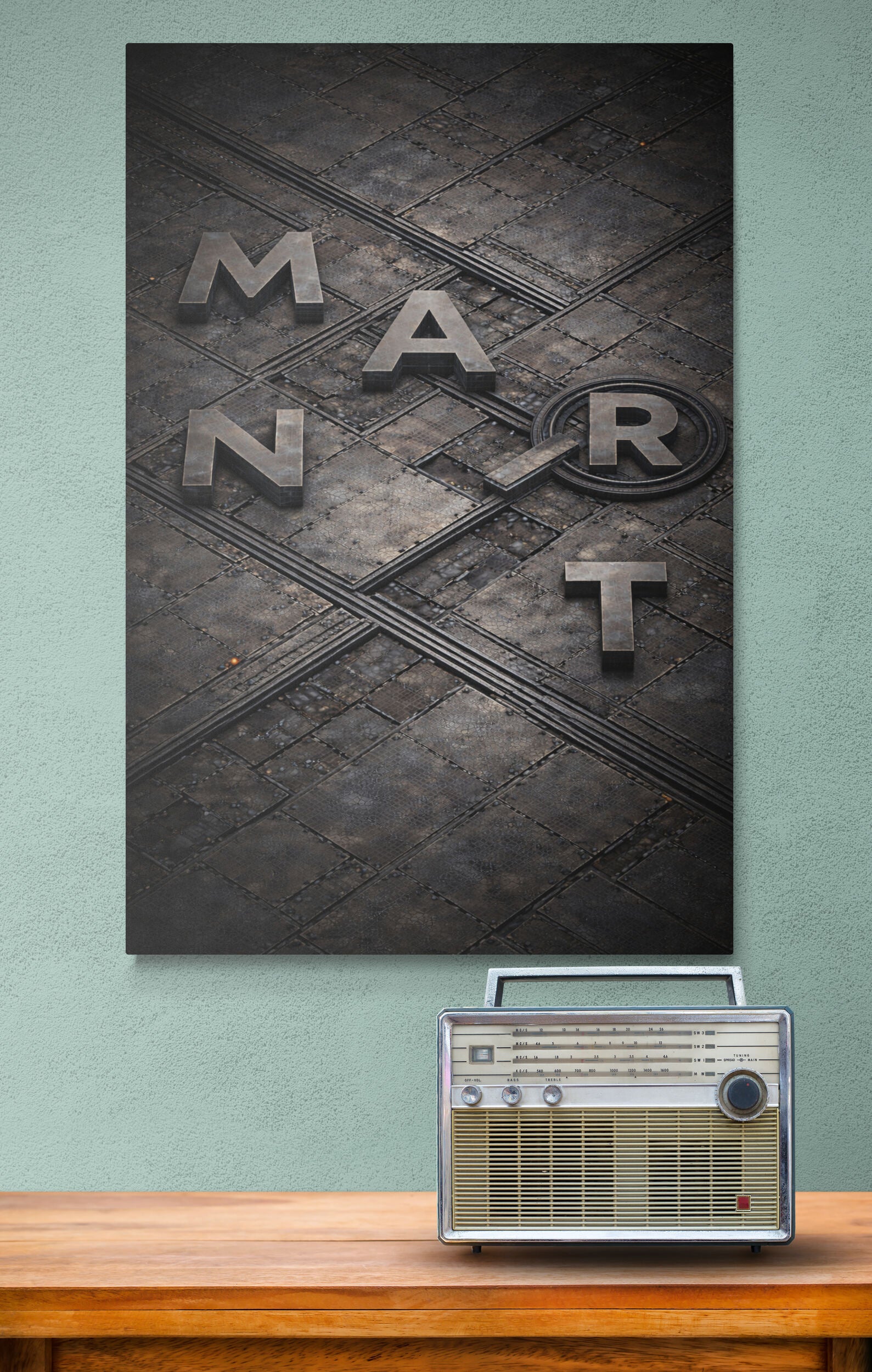 Manhart logo on a textured dark background above a vintage radio on a wooden surface.