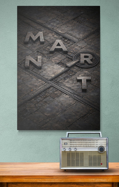 Manhart logo on a textured dark background above a vintage radio on a wooden surface.