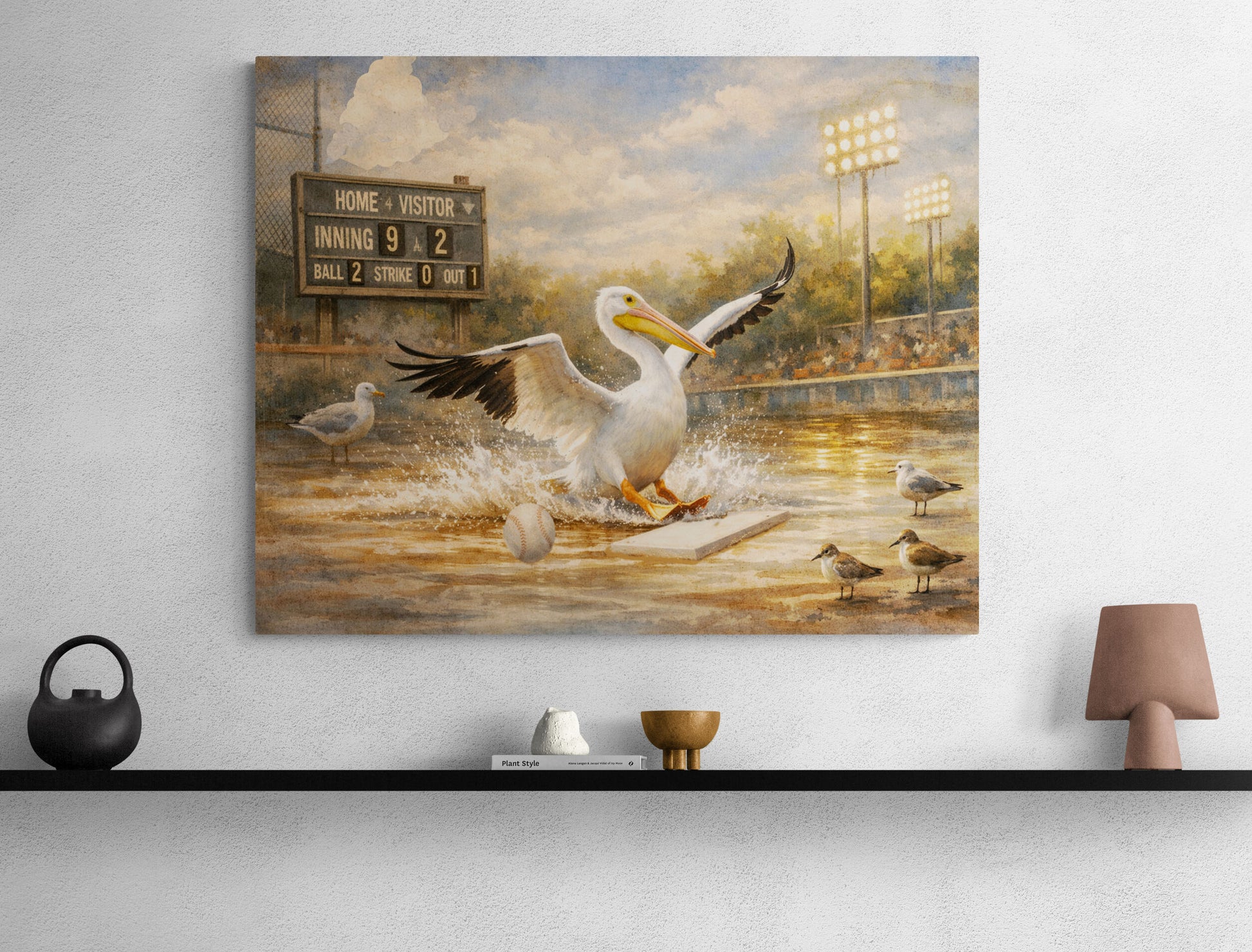Painting of a pelican on a baseball field with stadium lights and scoreboard.